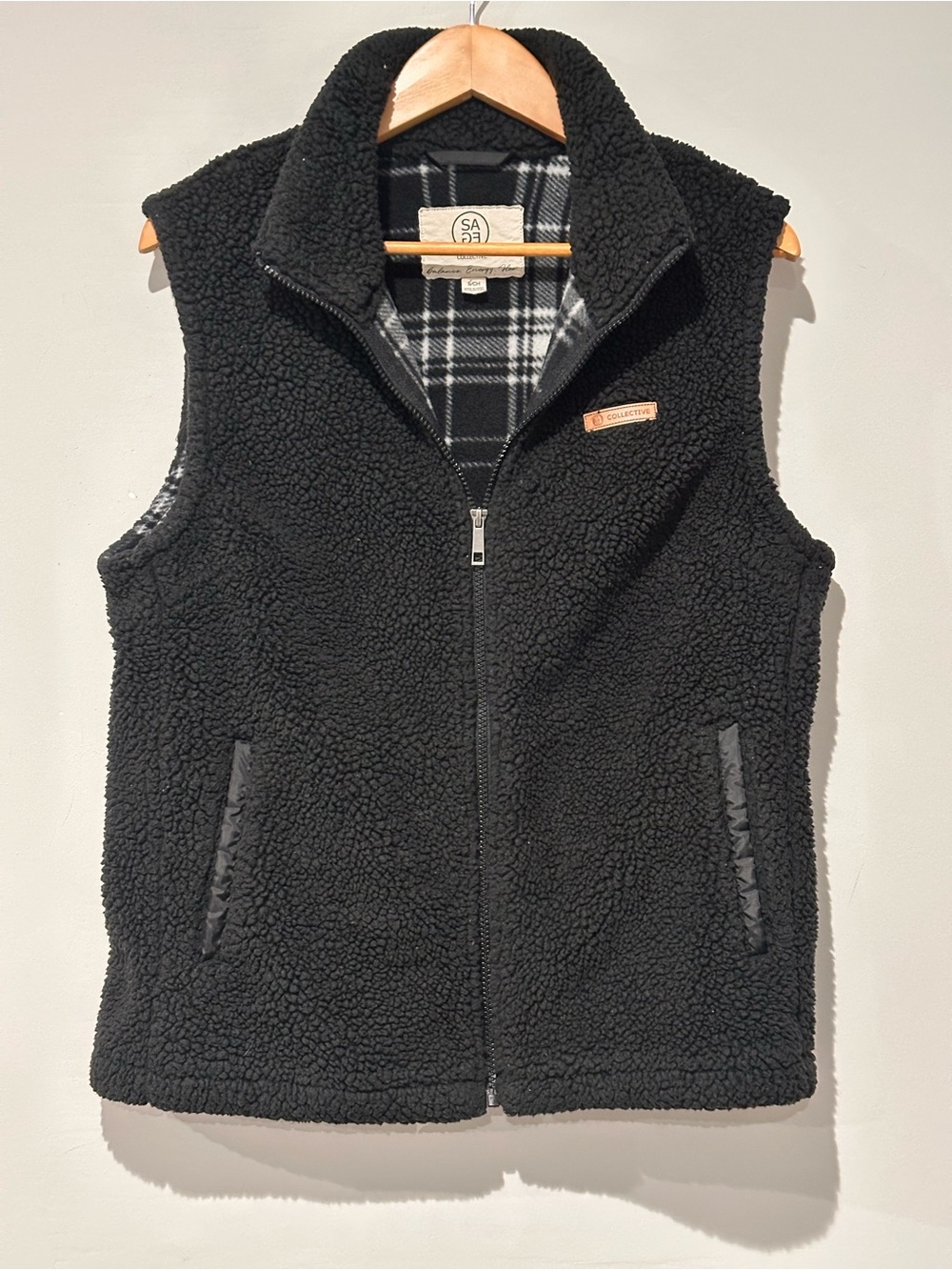 SAGE Collective Women’s Sherpa Fleece Vest Black Plaid Lined Full Zip Size Small
